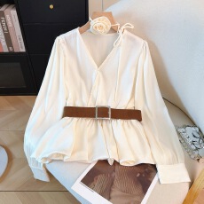 批发实拍2026春季新款立体花挂脖衬衫丝光高级感上衣皮带修身洋气