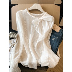 批发实拍2026春季新款刺绣蕾丝衫法式轻奢圆领蝴蝶结飘带设计感上衣