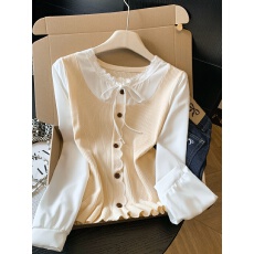 批发实拍2026春季新款假两件撞色针织拼接雪纺衫法式轻奢圆领洋气上衣