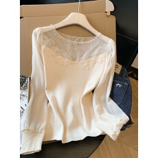 批发实拍2026春季新款<b class='q'>网纱</b>拼接针织衫雪纺袖圆领钉珠洋气上衣