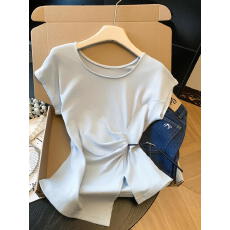 批发实拍2026夏季新款圆领洋气修身T恤短袖薄款洋气皮带上衣不规则