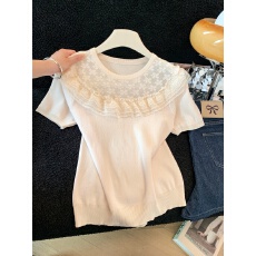 批发实拍2026夏季新款蕾丝拼接冰丝针织衫提花<b class='q'>网纱</b>圆领T恤薄款<b class='q'>上衣</b>