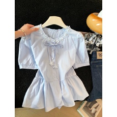 批发实拍2026夏季新款短袖衬衫立体花拼接圆领上衣系带<b class='q'>开衫</b>洋气减龄