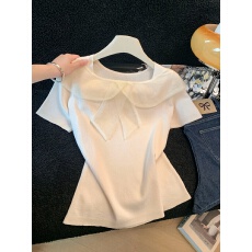 批发实拍2026夏季新款冰丝针织衫拼接<b class='q'>欧根纱</b>圆领飘带T恤洋气轻奢<b class='q'>上衣</b>