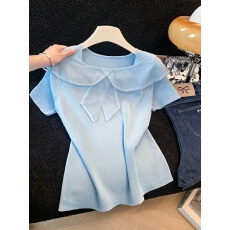 批发实拍2026夏季新款冰丝针织衫拼接<b class='q'>欧根纱</b>方领飘带T恤洋气轻奢<b class='q'>上衣</b>