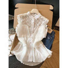 批发实拍2026夏季新款无袖雪纺衫法式轻奢荷叶边拼接蕾丝小开衫薄款