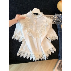 批发实拍2026夏季显卡蕾丝拼接上衣重工短袖开衫法式轻奢立领小衫