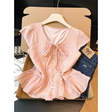 批发实拍2026夏季<b class='q'>新款</b>木耳边圆领衬衫飞机袖开衫下摆褶皱宽松小衫