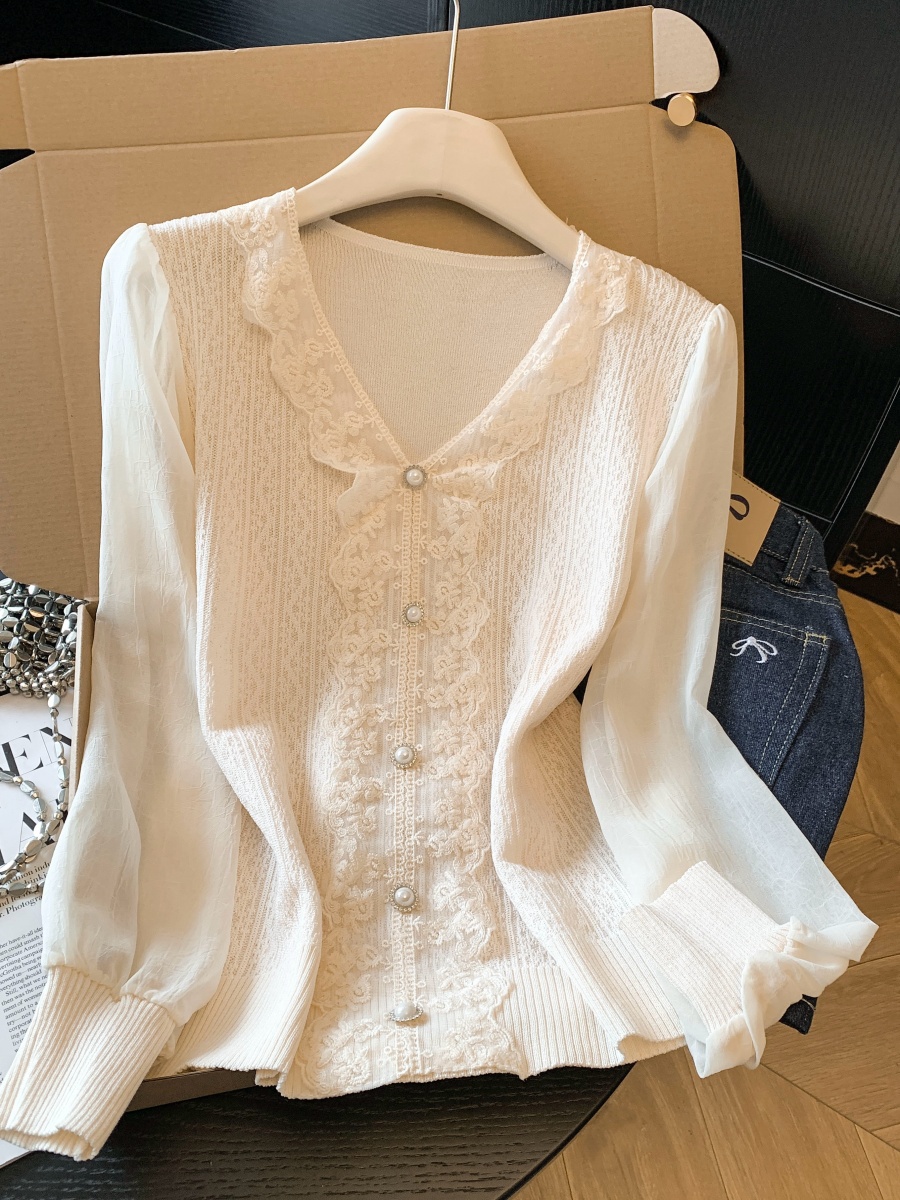 秋冬季新款提花针织衫拼接雪纺袖蕾丝V领法式轻奢高级感  服裝批發女裝批發服飾貨源