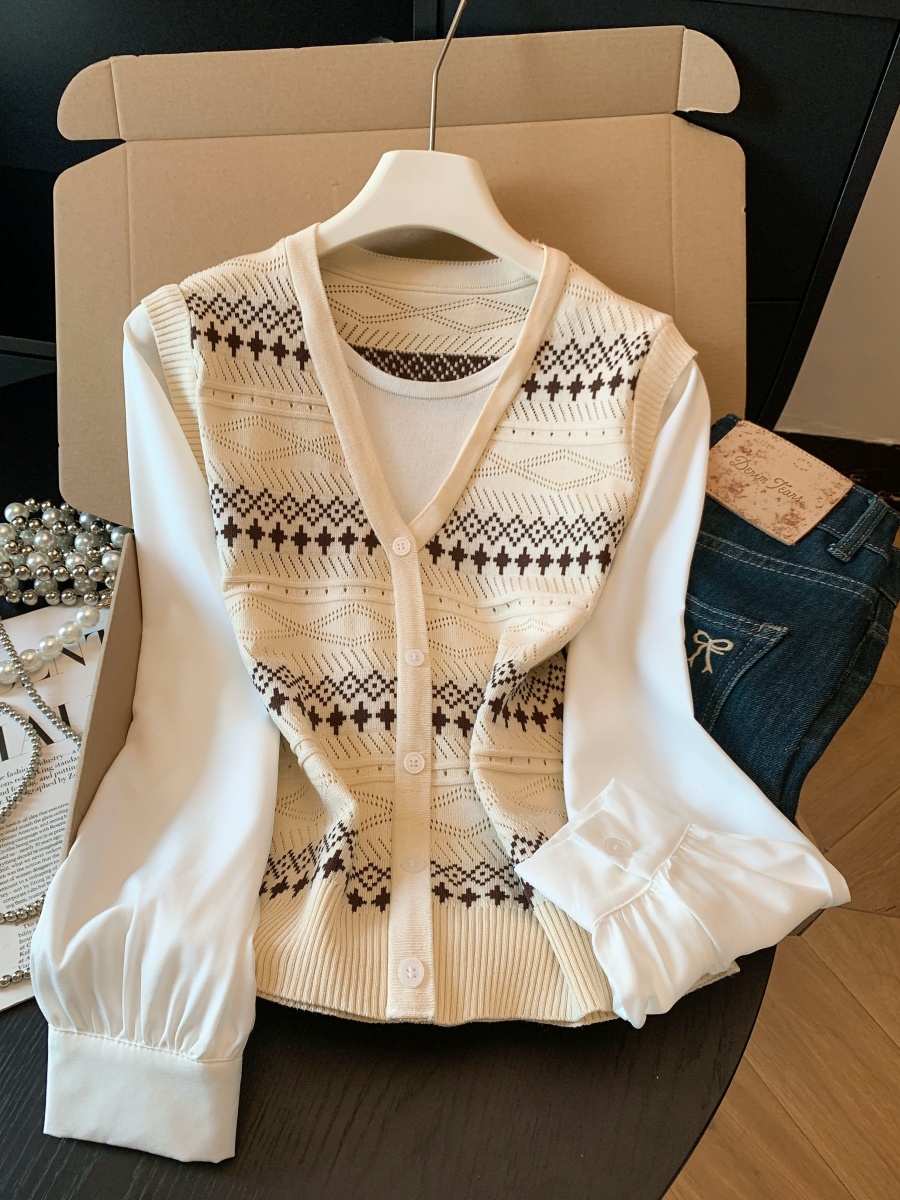 秋冬新款针织拼接衬衫袖假两件打底撞色上衣洋气百搭  服裝批發女裝批發服飾貨源