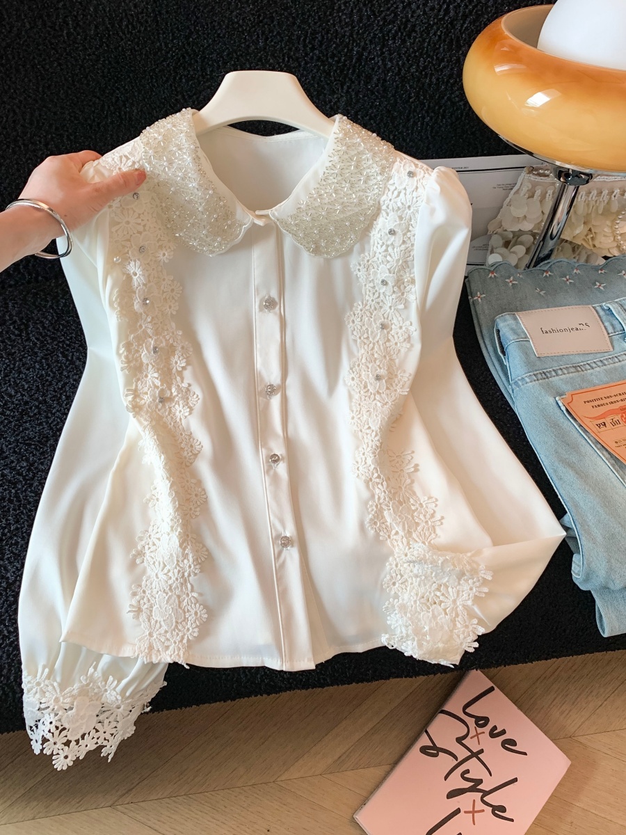 秋冬新款打底衬衫法式轻奢蕾丝拼接重公娃娃领上衣高级感  服裝批發女裝批發服飾貨源