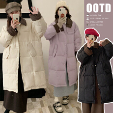 批发现  冬季新款长款过膝轻薄撞色翻领棉服