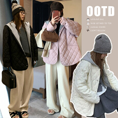 批发现 冬季新款假两件连帽领宽松菱格轻薄款棉服