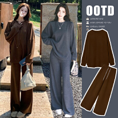 批发有货~早秋慵懒风双面绒落肩袖宽松<b class='q'>休闲</b>上衣+阔腿裤套装