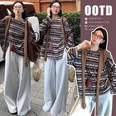 批发实拍有货~美拉德色系复古彩条宽松打底上衣+<b class='q'>灰色</b>托腹裤套装