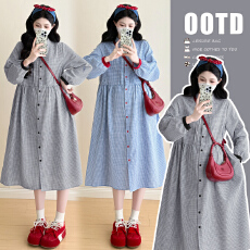 批发实拍有货~ 秋季新款撞色拼接格纹宽松长款<b class='q'>衬衫</b>裙孕妇连衣裙