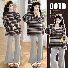 批发实拍有货  美拉德色系复古彩条宽松打底<b class='q'>上衣</b>+灰色托腹<b class='q'>裤</b>套<b class='q'>装</b>