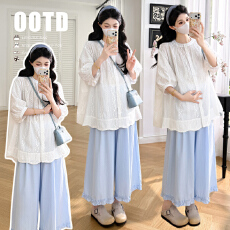 批发实拍現货  夏季新款<b class='q'>棉麻</b>提花刺绣衬衫+蓝色花边大摆阔腿<b class='q'>裤</b>