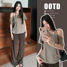 批发現货  高弹棉咖色细条纹宽松一字领露肩上衣+咖色抽绳阔腿面膜裤