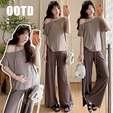 批发实拍現 高弹棉咖色细条纹宽松一字领露肩上衣+咖色抽绳阔腿面膜裤