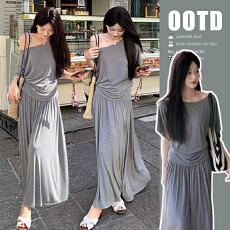 批发現货 慵懒风宽松蝙蝠袖一字领露肩上衣+抽绳半身裙