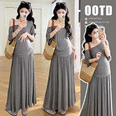 批发实拍現货  慵懒风宽松蝙蝠袖一字领露肩上衣+抽绳半身裙