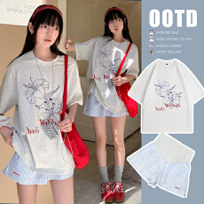 已处理  夏季新款印花宽松圆领T恤+条纹托腹短裤套装