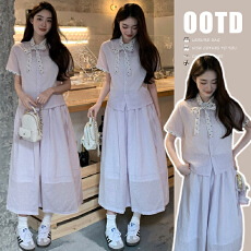 批发現货~夏季新款小清新紫色条纹<b class='q'>波点</b>领结细带<b class='q'>衬衫</b>+抽绳半身裙套装