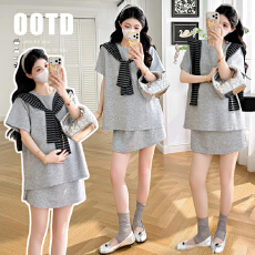 批发实拍~夏季新款休闲宽松圆领T恤+披肩+托腹一字裙裤