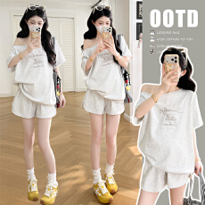 批发实拍現货~夏季新款刺绣一字肩宽松棉T+托腹短裤套装