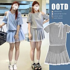 批发現货~夏季新款亮片蕾丝花边系带漏肩上衣+百褶托腹半身裙套装