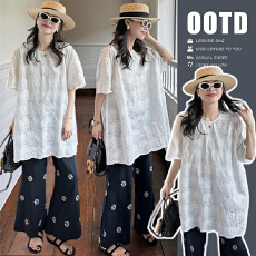 批发現货 新款镂空提花刺绣<b class='q'>棉麻</b>圆领宽松T恤+刺绣棉九分托腹<b class='q'>裤</b>