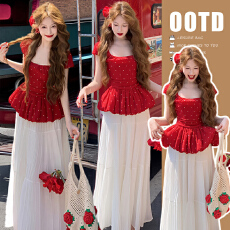 批发夏季新款红色方领波点娃娃衫+百褶抽绳半身裙套装