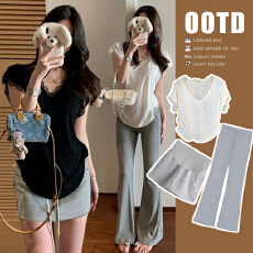 現货  夏季新款蕾丝拼接V领收腰显瘦打底衫+托腹半身裙微喇裤套装