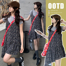 批发夏季新款<b class='q'>休闲</b>时尚灰色圆领T恤+黑色碎花吊带连衣裙