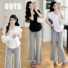 現货 夏季新款蕾丝拼接V领收腰显瘦打底衫+托腹半身裙微喇裤套装