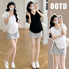 現货 夏季新款蕾丝拼接V领收腰显瘦打底衫+托腹半身裙微喇裤套装