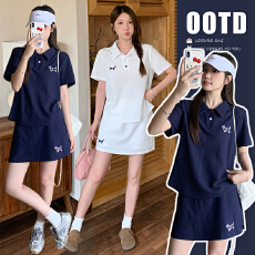 批发夏季新款小马刺绣Polo领休闲上衣+托腹裙套装