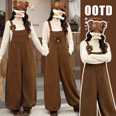 批发現  秋冬新款羊羔毛薄绒<b class='q'>加厚</b>复合小熊背带裤+杏色打底套装