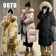 現货~冬季新款毛领连帽宽松中长款加厚棉服外套
