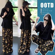 批发孕妇套装夏日度假风穿搭黑色v领冰丝上衣印花阔腿长裤休闲两件套