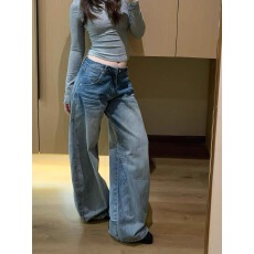 批发水洗磨白猫须纹弯刀牛仔裤女秋冬季低腰宽松显高显瘦直筒阔腿裤潮