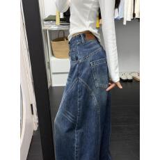 批发美式复古设计感阔腿牛仔裤女2025新款高腰宽松显瘦水洗直筒弯刀裤