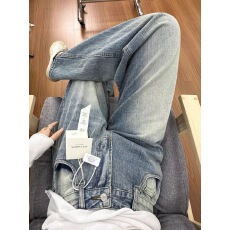 批发美式弯刀竹节纹阔腿牛仔裤女<b class='q'>秋</b>季2025新款浅色高腰显瘦直筒拖地裤