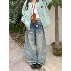 批发美式水洗立体猫须弯刀牛仔裤女2025新款设计感宽松显瘦百搭阔腿裤