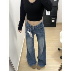 批发美式复古阔腿牛仔裤女2025新款竹节纹低腰显瘦宽松垂感直筒拖地裤
