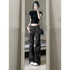 批发美式复古工装微喇<b class='q'>迷彩</b>牛仔<b class='q'>裤</b>女秋冬季新款低腰不贴腿喇叭拖地<b class='q'>裤</b>子