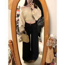 批发美式高街水洗牛仔裤阔腿裤女秋季高腰宽松直筒裤拖地裤显瘦长裤子