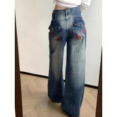 批发复古蓝高腰直筒<b class='q'>牛仔裤</b>女2026新款竹节纹美式刺绣设计感宽松阔腿裤