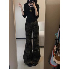 批发美式迷彩微喇低腰牛仔裤<b class='q'>女</b>2026春季新款复古显瘦不贴腿工<b class='q'>装</b>喇叭<b class='q'>裤</b>